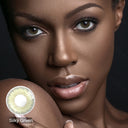 modelwearingbellalens silky green colored contacts