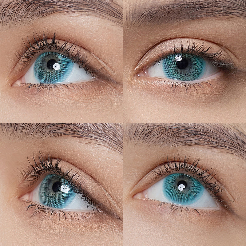 ocean blue colored contacts wearing effect drawing from different angle