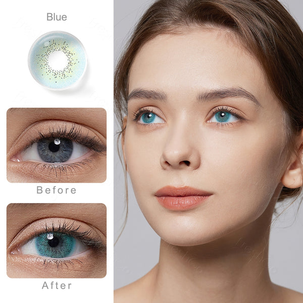 ocean blue colored contacts wearing effect comparison of before and after