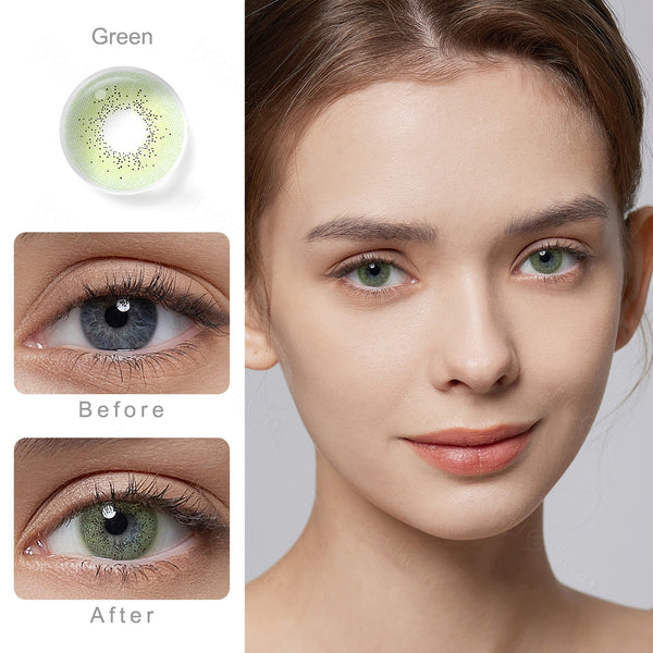 ocean green colored contacts wearing effect comparison of before and after