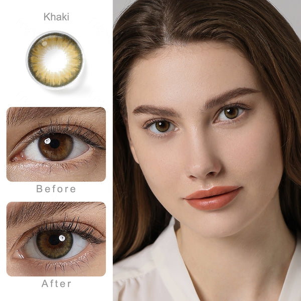 pro khaki brown colored contacts wearing effect comparison of before and after