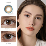 pro indian brown colored contacts wearing effect comparison of before and after