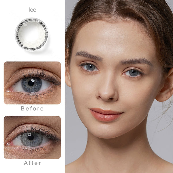 hidrocharme ice gray colored contacts wearing effect comparison of before and after