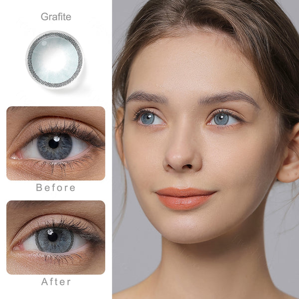 hidrocharme grafite gray colored contacts wearing effect comparison of before and after