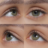 hidrocharme cristal yellow colored contacts wearing effect drawing from different angle