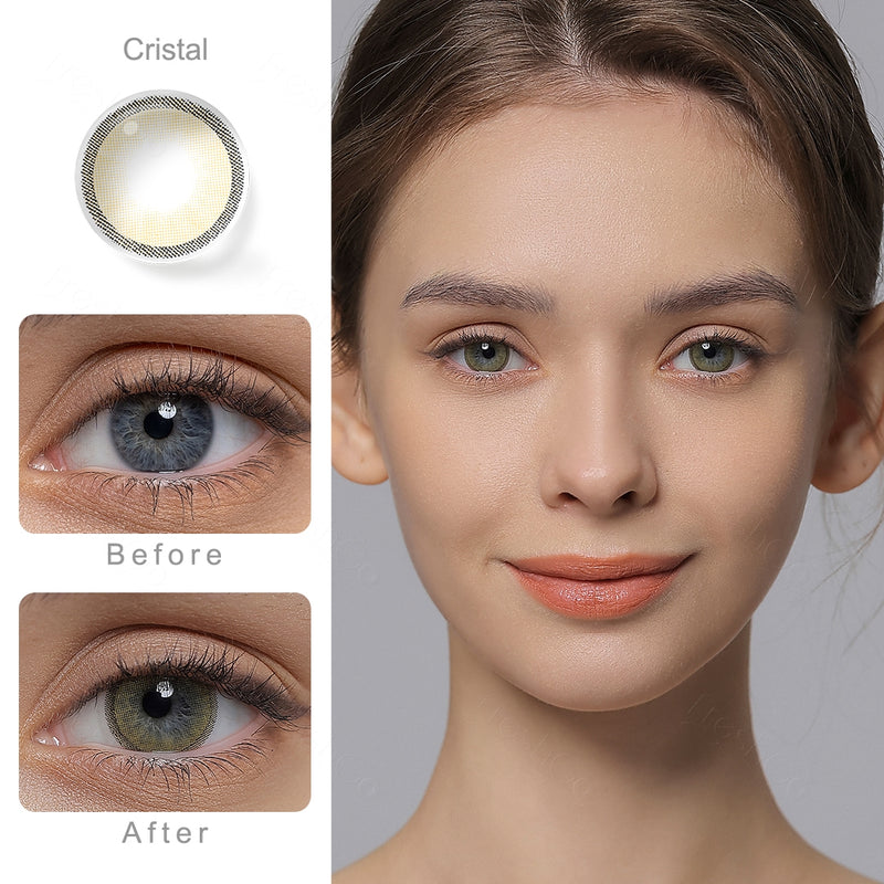 hidrocharme cristal yellow colored contacts wearing effect comparison of before and after