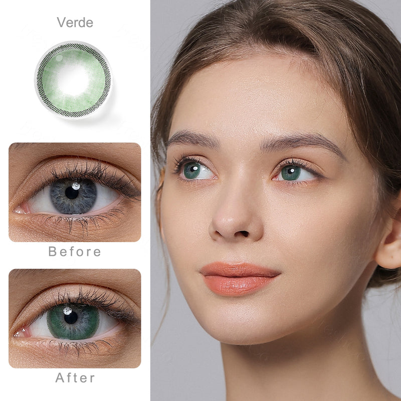 hidrocharme verde green colored contacts wearing effect comparison of before and after