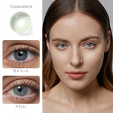 rio copacabana green colored contacts wearing effect comparison of before and after