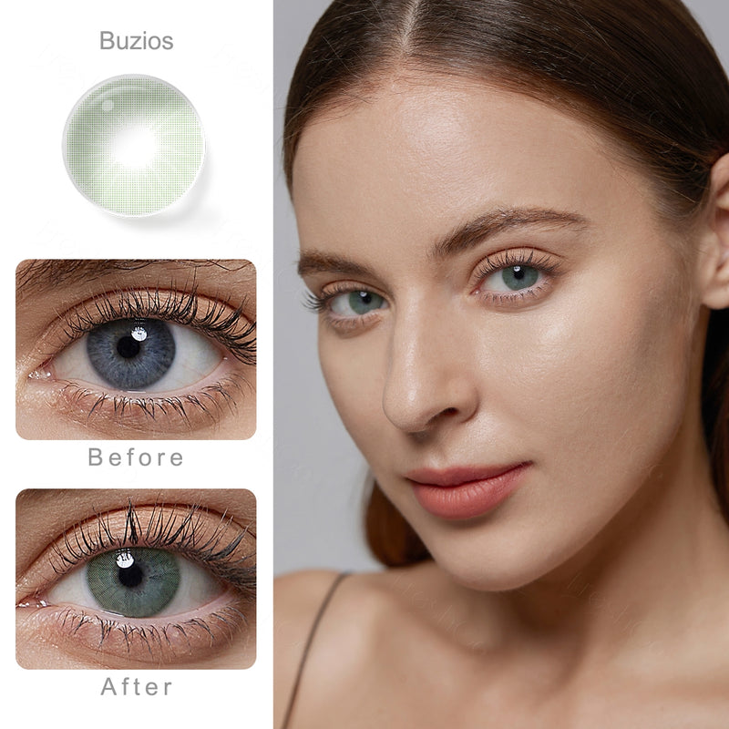 rio buzios green colored contacts wearing effect comparison of before and after