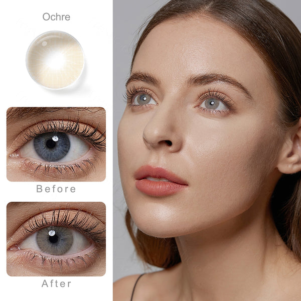 rio ochre brown colored contacts wearing effect comparison of before and after