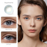 fancy aquamarine blue colored contacts wearing effect comparison of before and after