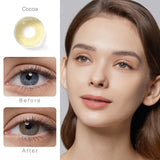 fancy cocoa colored contacts wearing effect comparison of before and after