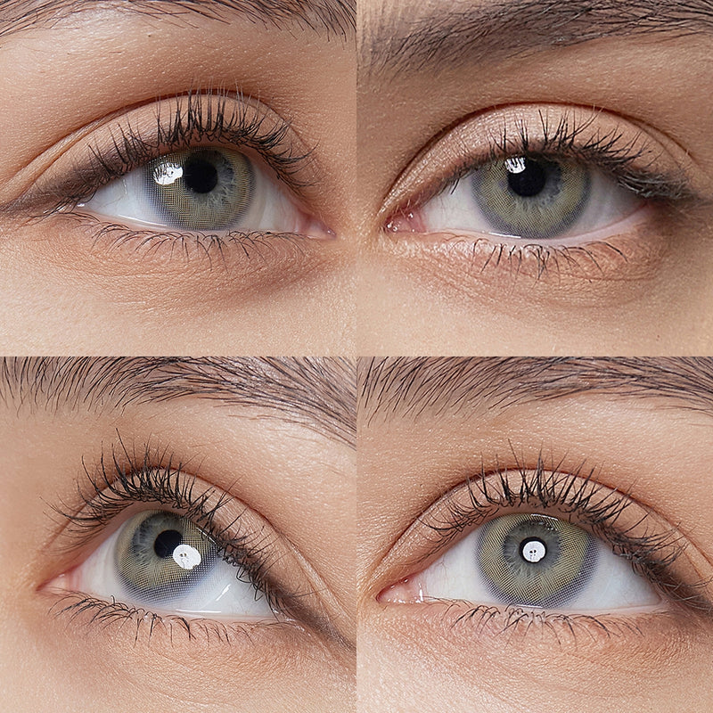 fancy ash gray colored contacts wearing effect drawing from different angle