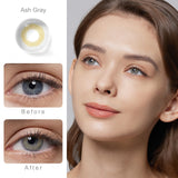 fancy ash gray colored contacts wearing effect comparison of before and after