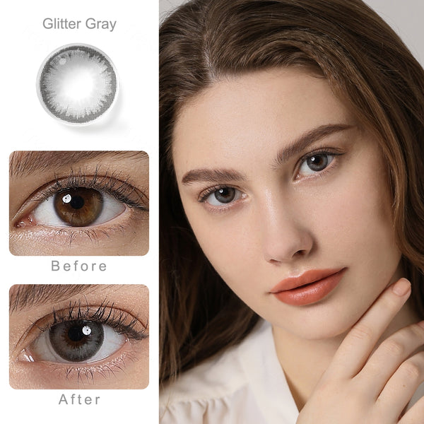diamond glitter gray colored contacts wearing effect comparison of before and after