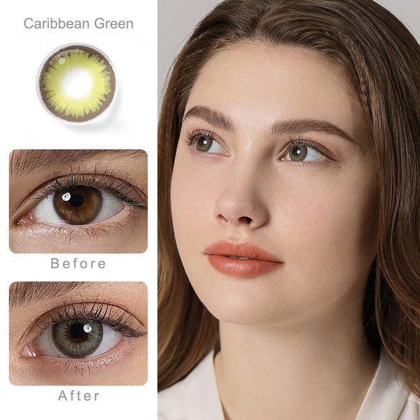 diamond caribbean green colored contacts wearing effect comparison of before and after