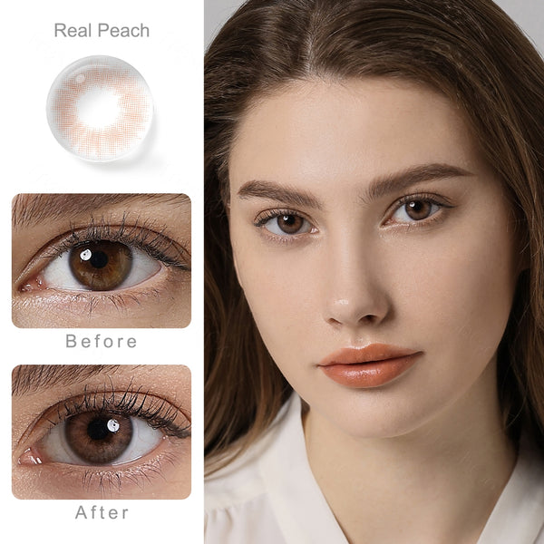 spanish real peach colored contacts wearing effect comparison of before and after