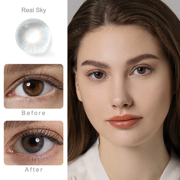 spanish real sky colored contacts wearing effect comparison of before and after