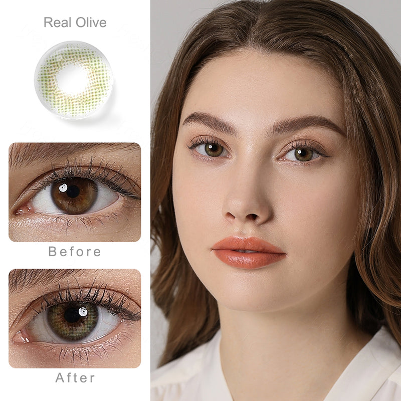 spanish real olive colored contacts wearing effect comparison of before and after
