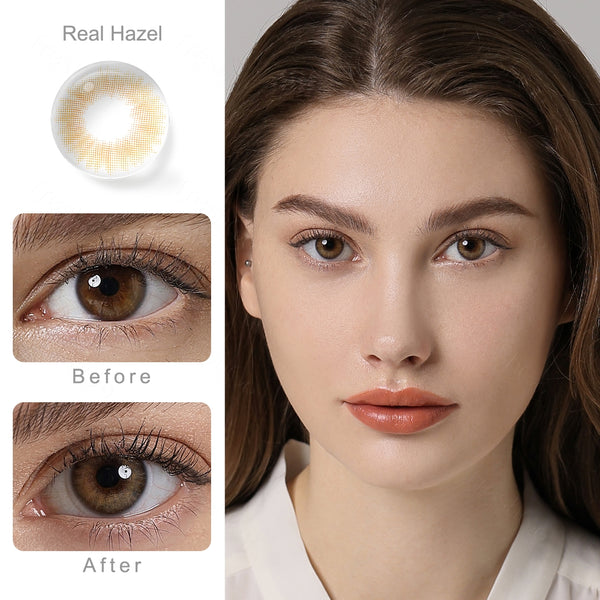 spanish real hazel colored contacts wearing effect comparison of before and after