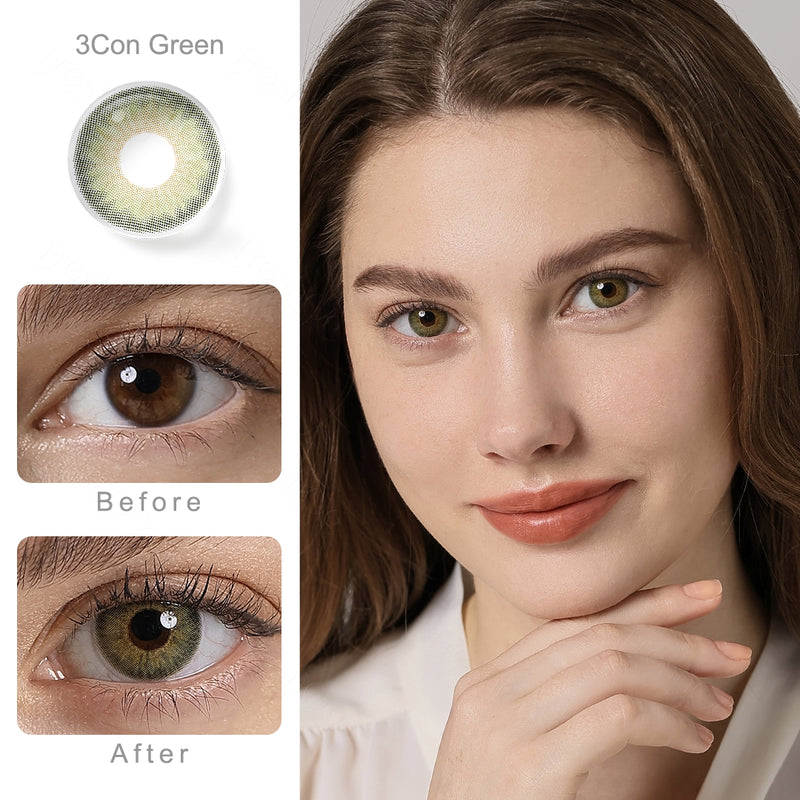 symphony 3con green colored contacts wearing effect comparison of before and after