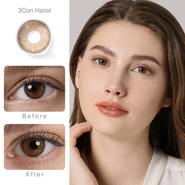 symphony 3con hazel colored contacts wearing effect comparison of before and after