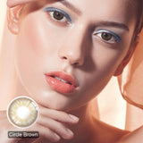 modelwearingsymphony circle brown colored contacts