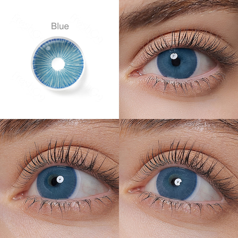 fiesta blue colored contacts wearing effect drawing from different angle