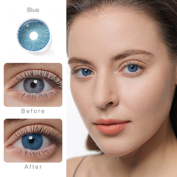 fiesta blue colored contacts wearing effect comparison of before and after