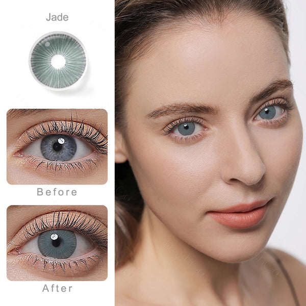 fiesta jade colored contacts wearing effect comparison of before and after