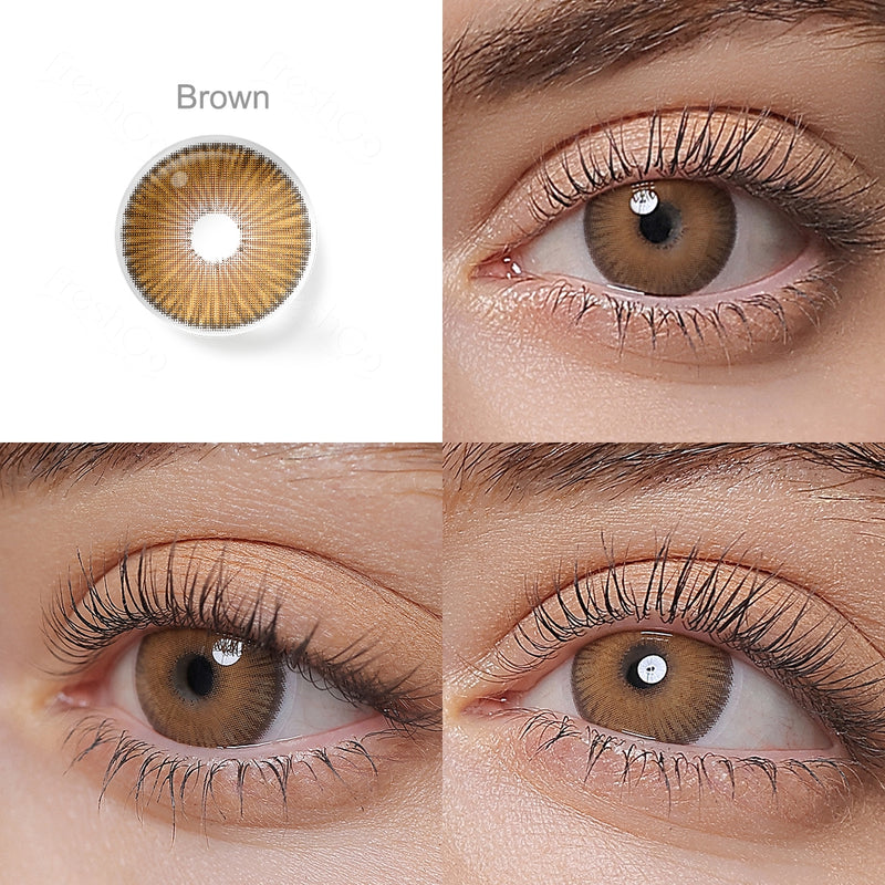 fiesta brown colored contacts wearing effect drawing from different angle