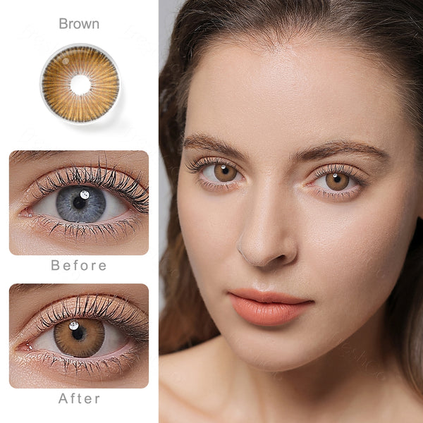 fiesta brown colored contacts wearing effect comparison of before and after