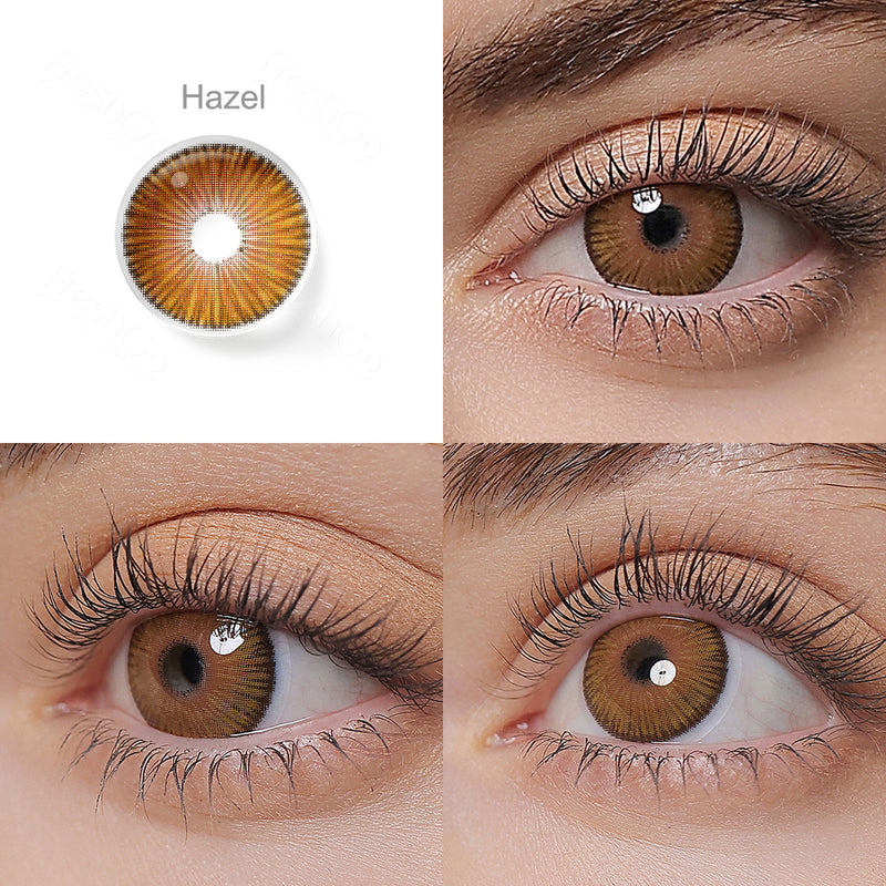 fiesta hazel colored contacts wearing effect drawing from different angle
