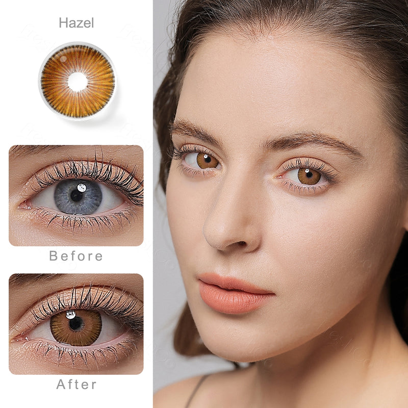 fiesta hazel colored contacts wearing effect comparison of before and after