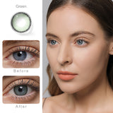 roze airy green colored contacts wearing effect comparison of before and after