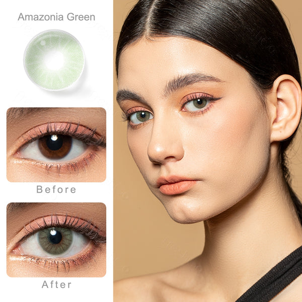 amazonia green colored contacts wearing effect comparison of before and after
