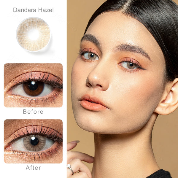 dandara hazel colored contacts wearing effect comparison of before and after