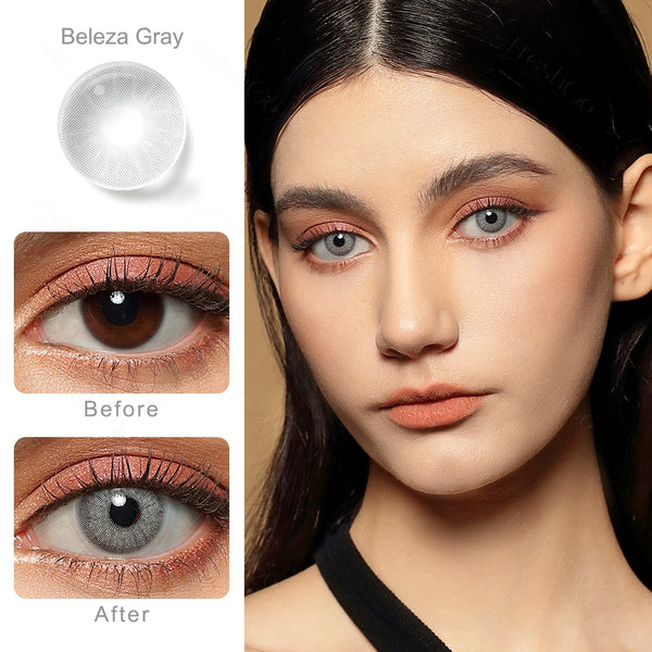beleza gray colored contacts wearing effect comparison of before and after