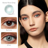 bossa nova gray colored contacts wearing effect comparison of before and after
