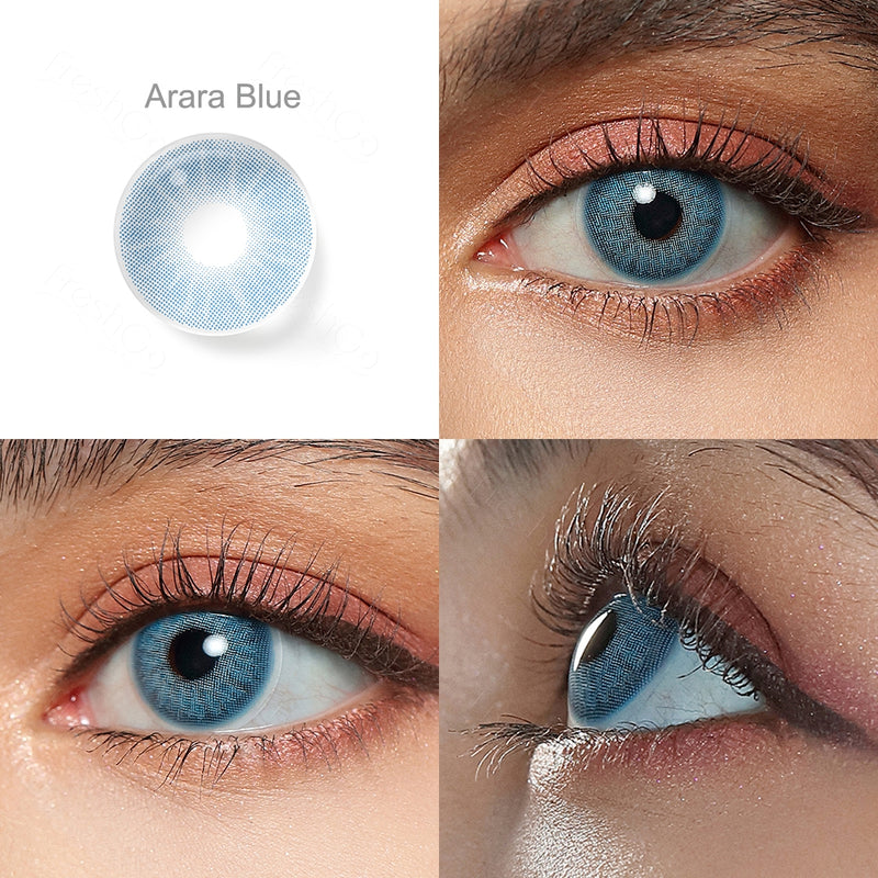 arara blue colored contacts wearing effect drawing from different angle
