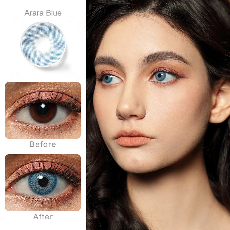 arara blue colored contacts wearing effect comparison of before and after