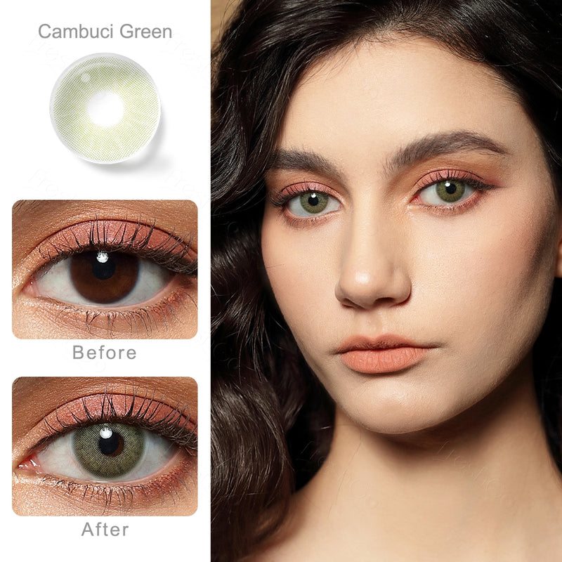 cambuci green colored contacts wearing effect comparison of before and after