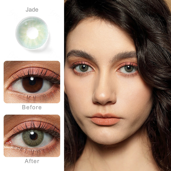jade green colored contacts wearing effect comparison of before and after