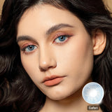 modelwearingsafari blue colored contacts