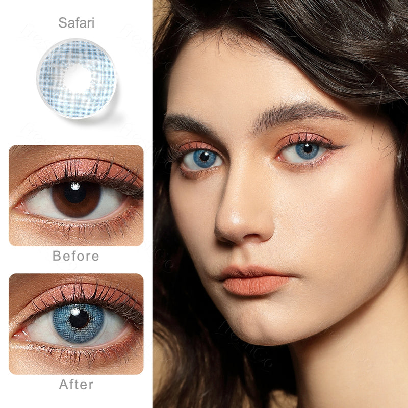 safari blue colored contacts wearing effect comparison of before and after