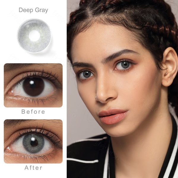 cloud deep gray colored contacts wearing effect comparison of before and after
