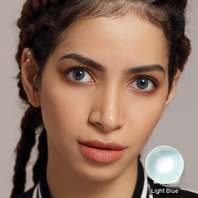 modelwearingcloud light blue colored contacts