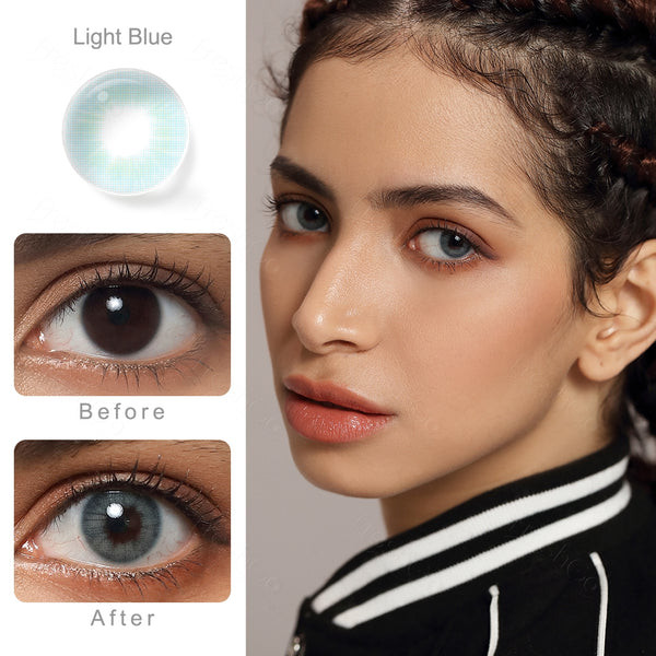 cloud light blue colored contacts wearing effect comparison of before and after