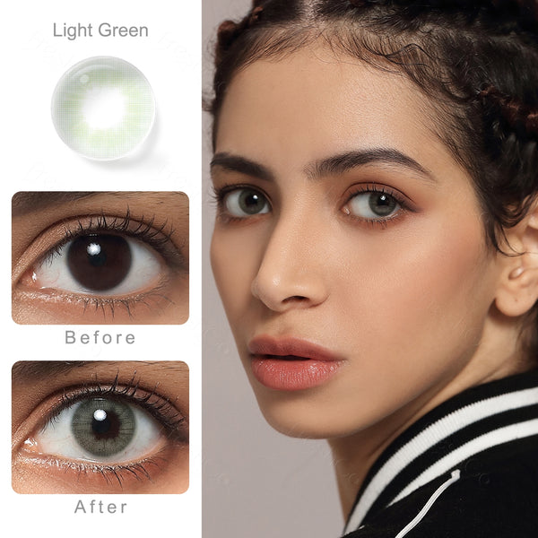 cloud light green colored contacts wearing effect comparison of before and after