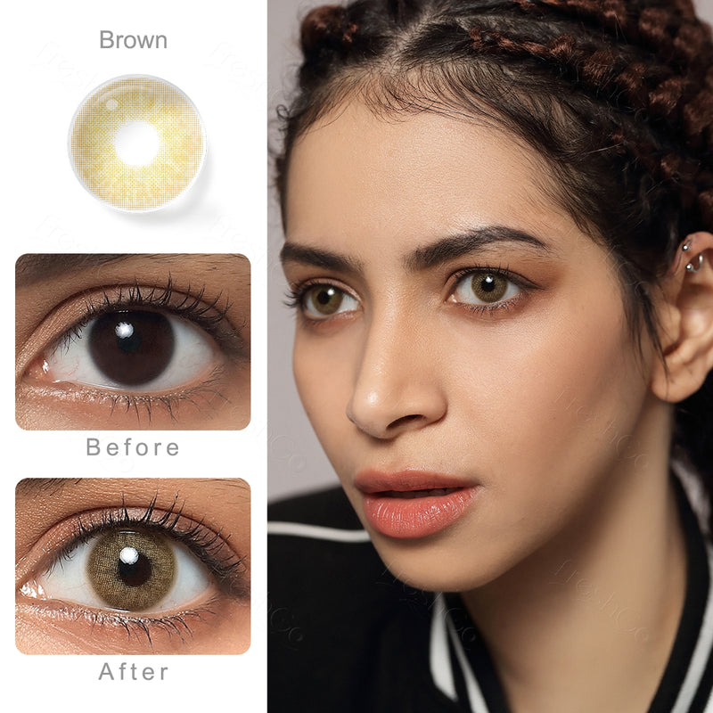 cloud brown colored contacts wearing effect comparison of before and after